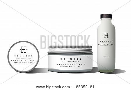 Realistic bottle cosmetic vial, flask, shampoo, container for cream, powder. Mock up set. Label sticker