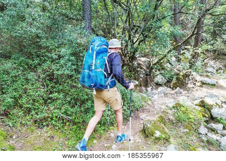 Hiking in famous Lycian Way in the Turkey. Backpacker in the trail.