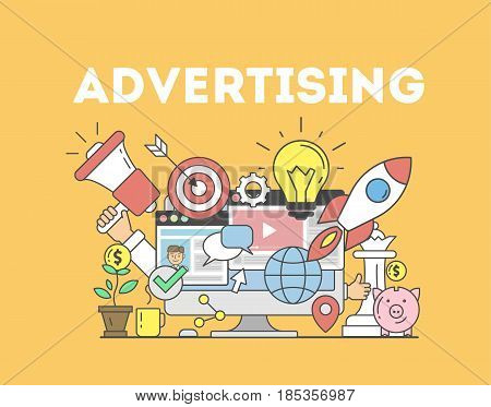 Advertising concept illustration. Signs and icons on orange background.