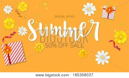 Summer sale ad, selling banner. Top view. Gift box with red ribbon and bow, burning, lighted candle, with serpentine and confetti on hot orange background. Template for online shopping.
