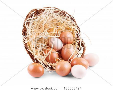 Eggs in straw and in a basket on a white background