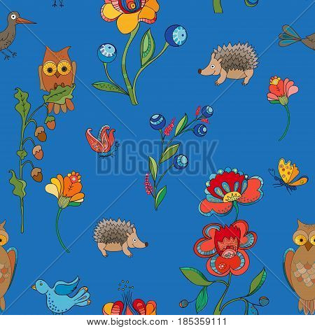 Pattern. Flowers with owls and hedgehogs . Vector illustration.