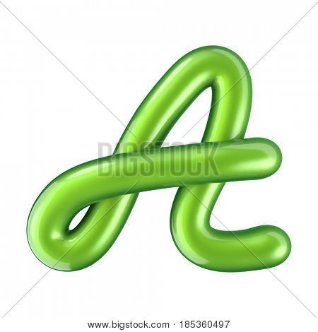 Glossy green letter A uppercase. 3D rendering font with glint isolated on white background.