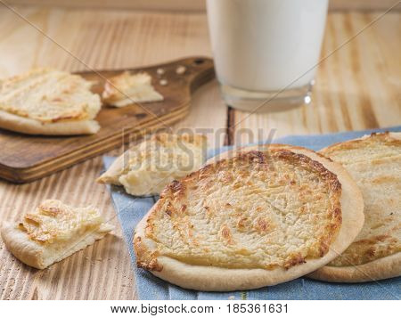 Traditional russian pasties Shanga - opened circle pie with mashed potatoes. Carols cheesecake with stuffing of potato.