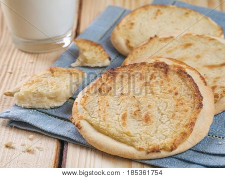 Traditional russian pasties Shanga - opened circle pie with mashed potatoes. Carols cheesecake with stuffing of potato.