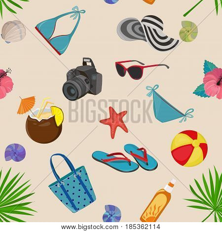 Pattern set of beach. Happy vacation. Vector illustration.
