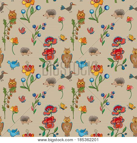 Pattern. Flowers with owls and hedgehogs . Vector illustration.