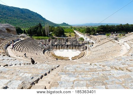EPHESUS, TURKEY - APRIL 13 : Tourists in Ephesus Turkey on April 13, 2015. Ephesus contains the ancient largest collection of Roman ruins in the eastern Mediterranean