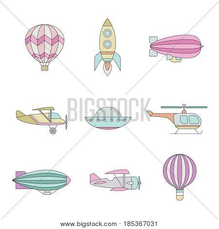 Air transportation outline colored icon set. Clean and simple design. Part four.
