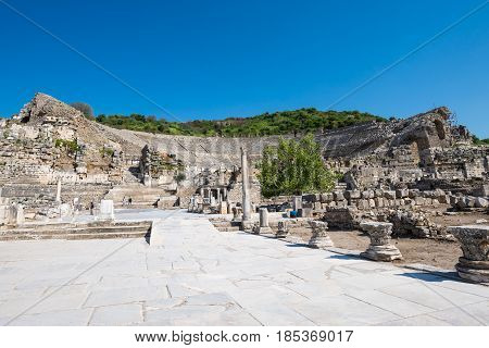 EPHESUS, TURKEY - APRIL 13 : Tourists in Ephesus Turkey on April 13, 2015. Ephesus contains the ancient largest collection of Roman ruins in the eastern Mediterranean