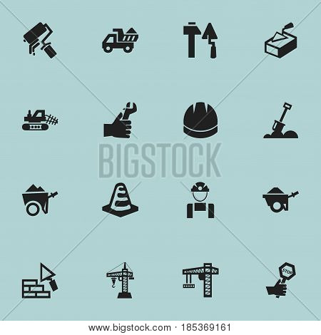 Set Of 16 Editable Building Icons. Includes Symbols Such As Trolley, Lifting Equipment, Oar And More. Can Be Used For Web, Mobile, UI And Infographic Design.