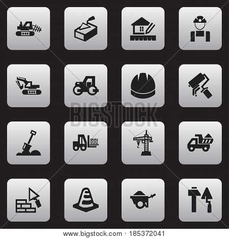 Set Of 16 Editable Structure Icons. Includes Symbols Such As Elevator, Camion, Spatula And More. Can Be Used For Web, Mobile, UI And Infographic Design.