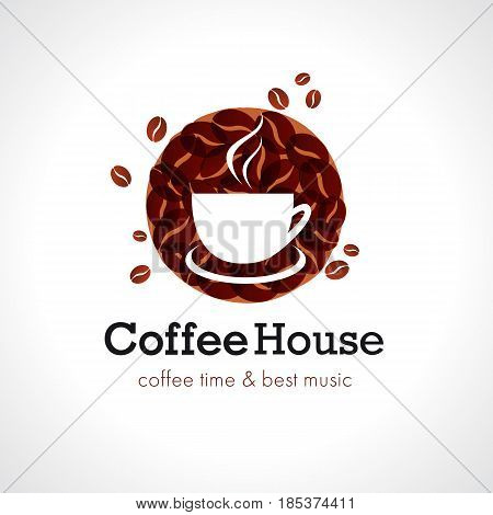 Coffe house cafe logo. Vector design brand sign for coffee shops and cafe bars. Coffee time & best music text