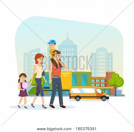Shopping people concept. Young family for shopping at the mall, got out of the store and go on a city street with shopping holding hands. Modern vector illustration isolated on white background.