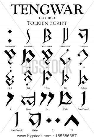 TENGWAR GOTHIC Alphabet 3 - Tolkien Script on white background - Vector Image