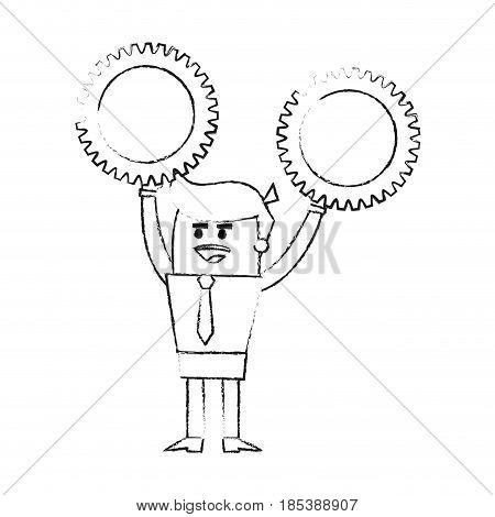 blurred silhouette image cartoon business man holding a gears vector illustration