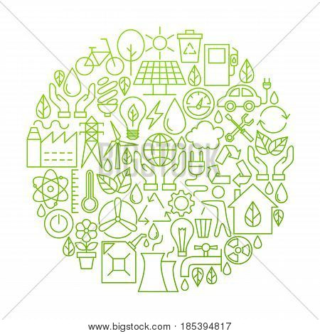 Ecology Line Icon Circle Design. Vector Illustration of Green Power and Environment Objects.