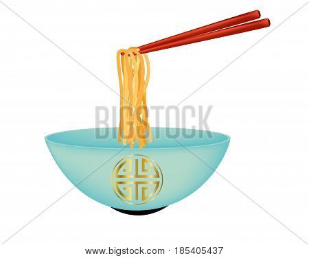 Blue bowl and red chopsticks with egg noodles