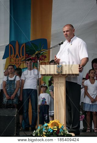 LUTSK UKRAINE - 24 August 2012: People's deputy of Ukraine Ihor Palytsia delivers a speech during the celebration of Independence Day