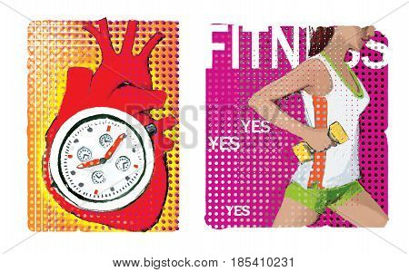 A set of two illustrations about cardio. An anatomical image of the heart with a stylized stopwatch inside. Girl with dumbbell in right hand. On an ornamental background