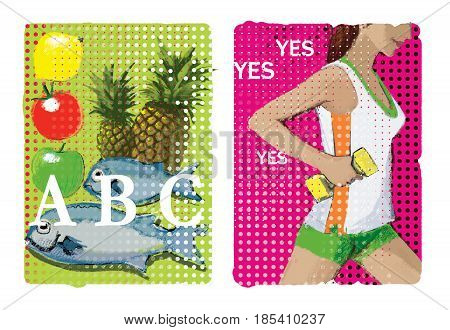 A set of two illustrations about cardio. Food for the nutrition of the heart muscle: pineapple fish lemon apple tomato. Girl with dumbbell in right hand. On an ornamental background