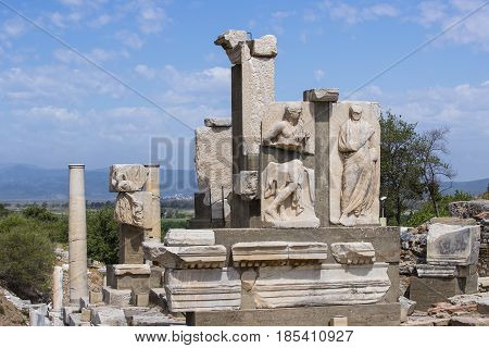 The ruins of the ancient antique city of Ephesus the library building of Celsus, the amphitheater temples and columns. Candidate for the UNESCO World Heritage List