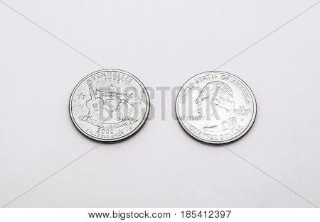 Closeup To Tennessee State Symbol On Quarter Dollar Coin On White Background
