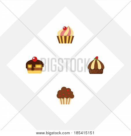 Flat Cake Set Of Cupcake, Dessert, Sweetmeat And Other Vector Objects. Also Includes Muffin, Sweetmeat, Confectionery Elements.