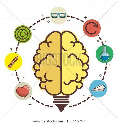Brain-shaped light bulb surrounded by heart, pencil, maze, glasses, circular arrow, flask and paper plane over white background. Vector illustration.