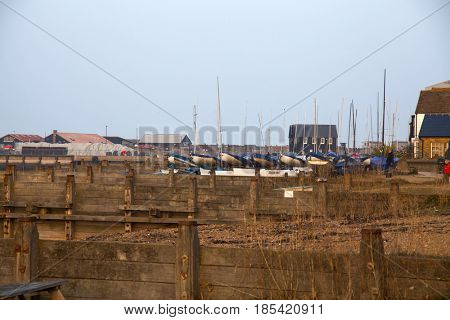 Whitstable, Kent, United Kingdom - February 24, 2017: Small harbour of Whitstable with fishing boats