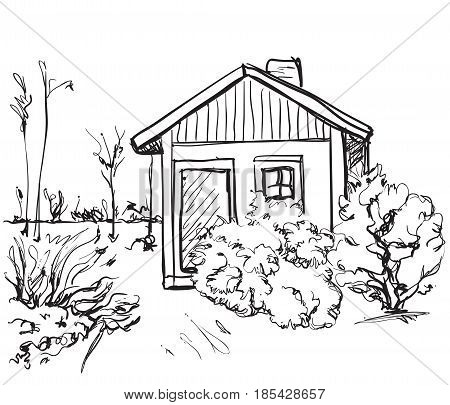 Cartoon hand drawing houses. Landscape sketch. Monochrome