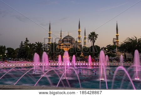 ISTANBUL TURKEY - JUNE 25 2015: Sultan Ahmet Mosque (Turkish: Sultan Ahmet Camii) is a historic mosque in Istanbul Turkey. The mosque is popularly known as the Blue Mosque for the blue tiles adorning the walls of its interior
