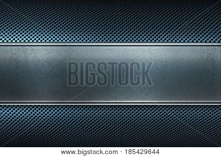 Abstract modern blue colored perforated metal plate with polished metal plate banner place for text in center material design for background graphic design