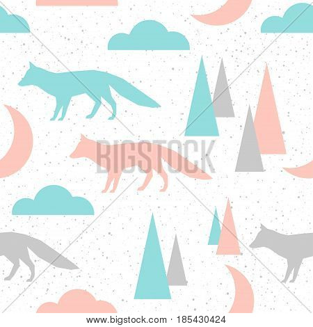 Fox Seamless Pattern Background. Grey, Blue And Pink Abstract Fox