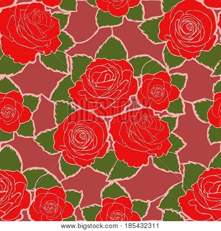 Seamless mozaic floral pattern with red roses and green leaves