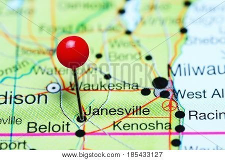 Janesville pinned on a map of Wisconsin, USA