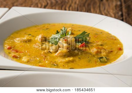 Shrimp Bobo - A Brazilian Dish Of Shrimp In A Pure Of Manioc Meal And Coconut Milk. Bobo De Camarao.