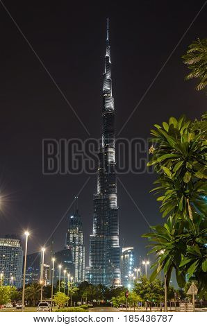 DUBAI UNITED ARAB EMIRATES - APRIL 13 2017: Burj tower. This skyscraper is the tallest man-made structure in the world measuring 828 m.