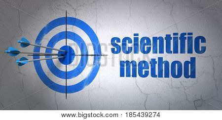 Success Science concept: arrows hitting the center of target, Blue Scientific Method on wall background, 3D rendering