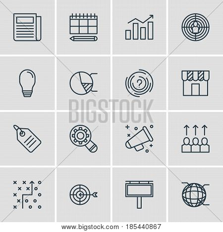 Vector Illustration Of 16 Social Icons. Editable Pack Of Maze, Schedule, Aiming And Other Elements.
