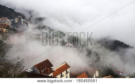 Sa Pa, Vietnam - March 12, 2017:View of sSmall mountain town of Sa Pa in mist
