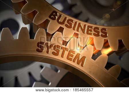 Business System on Mechanism of Golden Metallic Gears with Lens Flare. Business System - Concept. 3D Rendering.