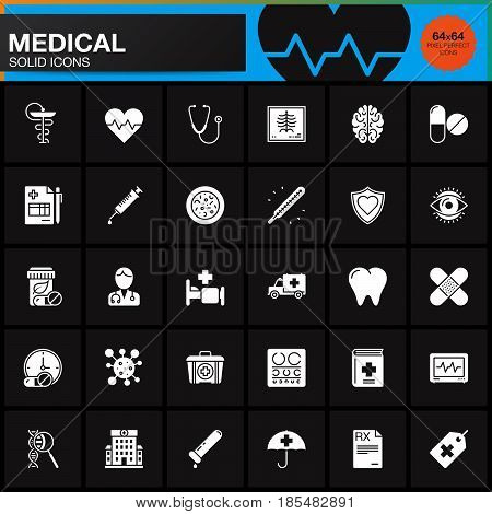 Medicine and Health vector icons set Medical modern solid symbol collection pictogram pack isolated on black logo illustration