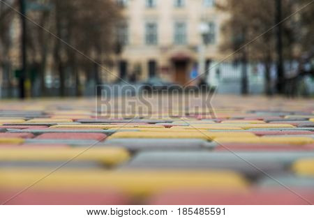 Colored paving brick tile on a blurred background