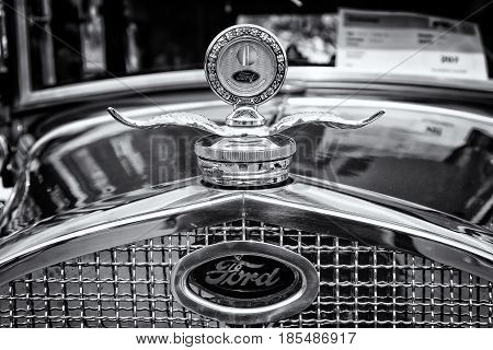 Berlin - May 11: Radiator (engine Cooling) And The Emblem Of The Car Ford Model A (black And White),