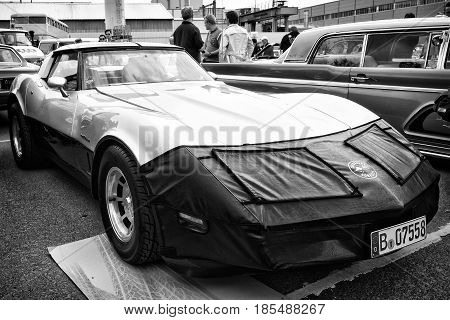 BERLIN - MAY 11: Sport car Chevrolet Corvette (C3) Stingray Coupe (black and white) 26th Oldtimer-Tage Berlin-Brandenburg May 11 2013 Berlin Germany
