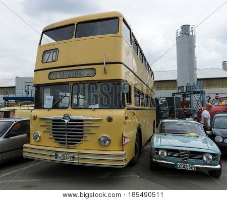 Berlin - May 11: Bus Buessing Omnibus D2U Doppeldecker And Alfa Romeo Gt 1300 Junior, 26Th Oldtimer-