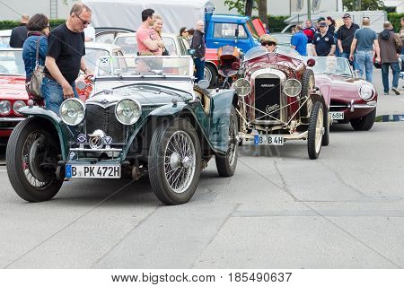 Berlin - May 11: French Retro Car Amilcar (ecurie Sidecar) And English Retro Cars Riley Mph 15-6 In