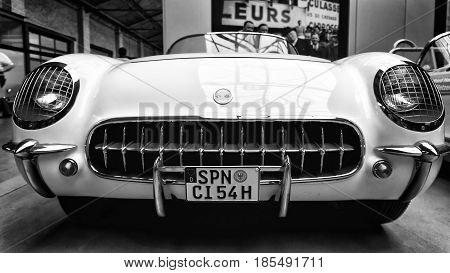 BERLIN - MAY 11: Sport car Chevrolet Corvette (C1) 1954 black and white 26th Oldtimer-Tage Berlin-Brandenburg May 11 2013 Berlin Germany