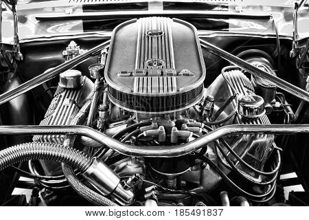 BERLIN - MAY 11: Engine Ford Shelby Mustang GT500 Eleanor (black and white) 26th Oldtimer-Tage Berlin-Brandenburg May 11 2013 Berlin Germany